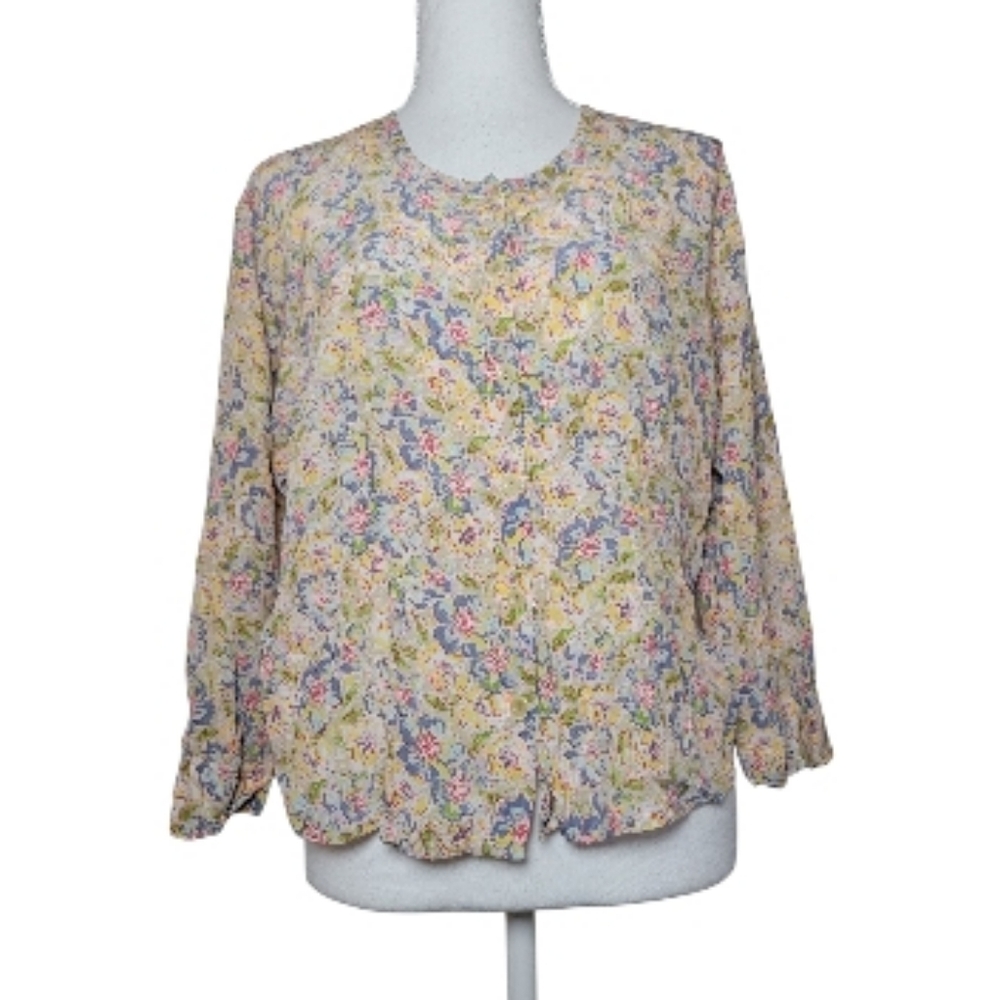 Flax Floral Print Button Down Rayon Blouse Shabby Chic Pastel Cottagecore Boho S